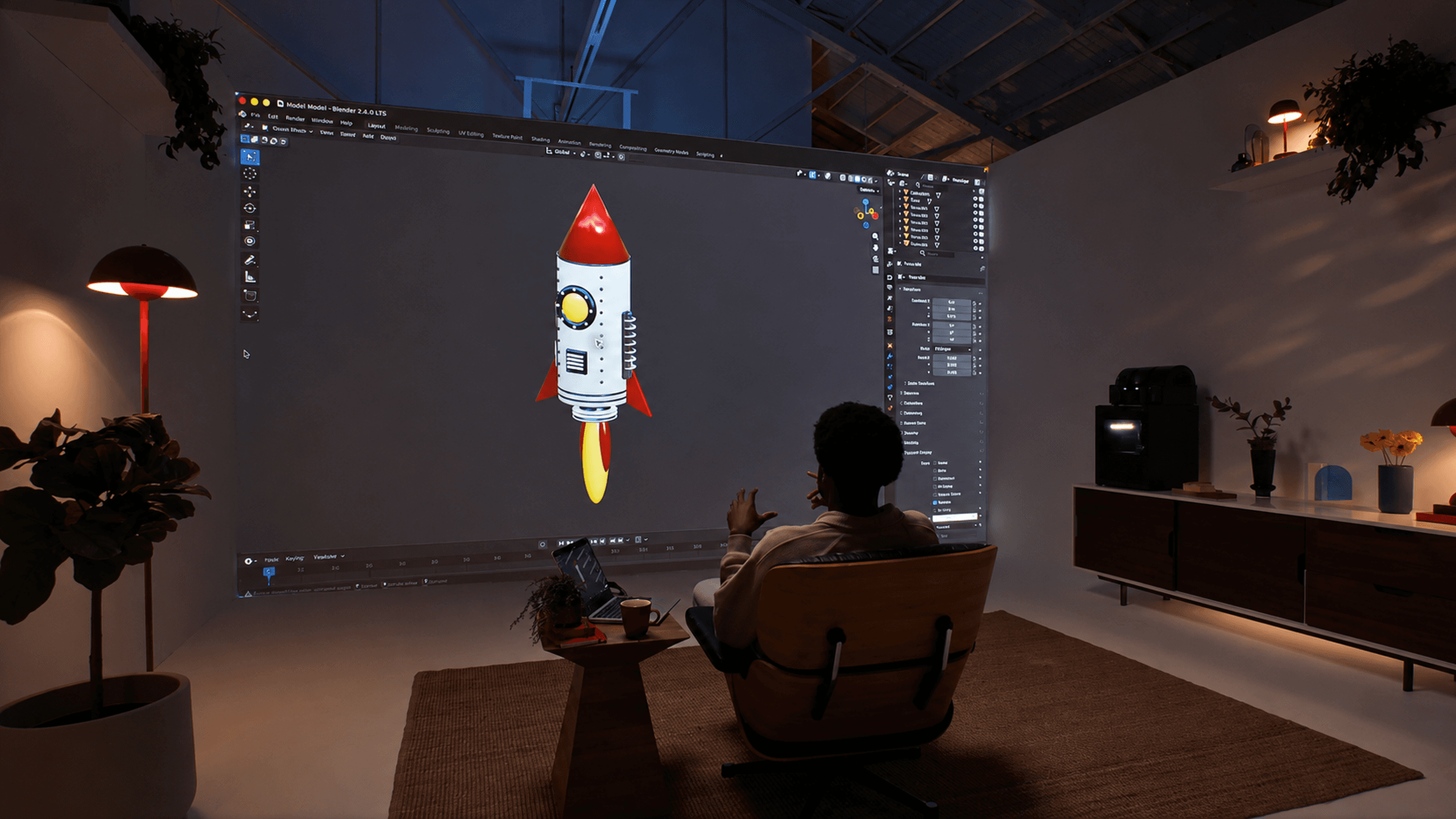 A seated person gestures toward a projected Blender workspace displaying a red-and-white 3D rocket.