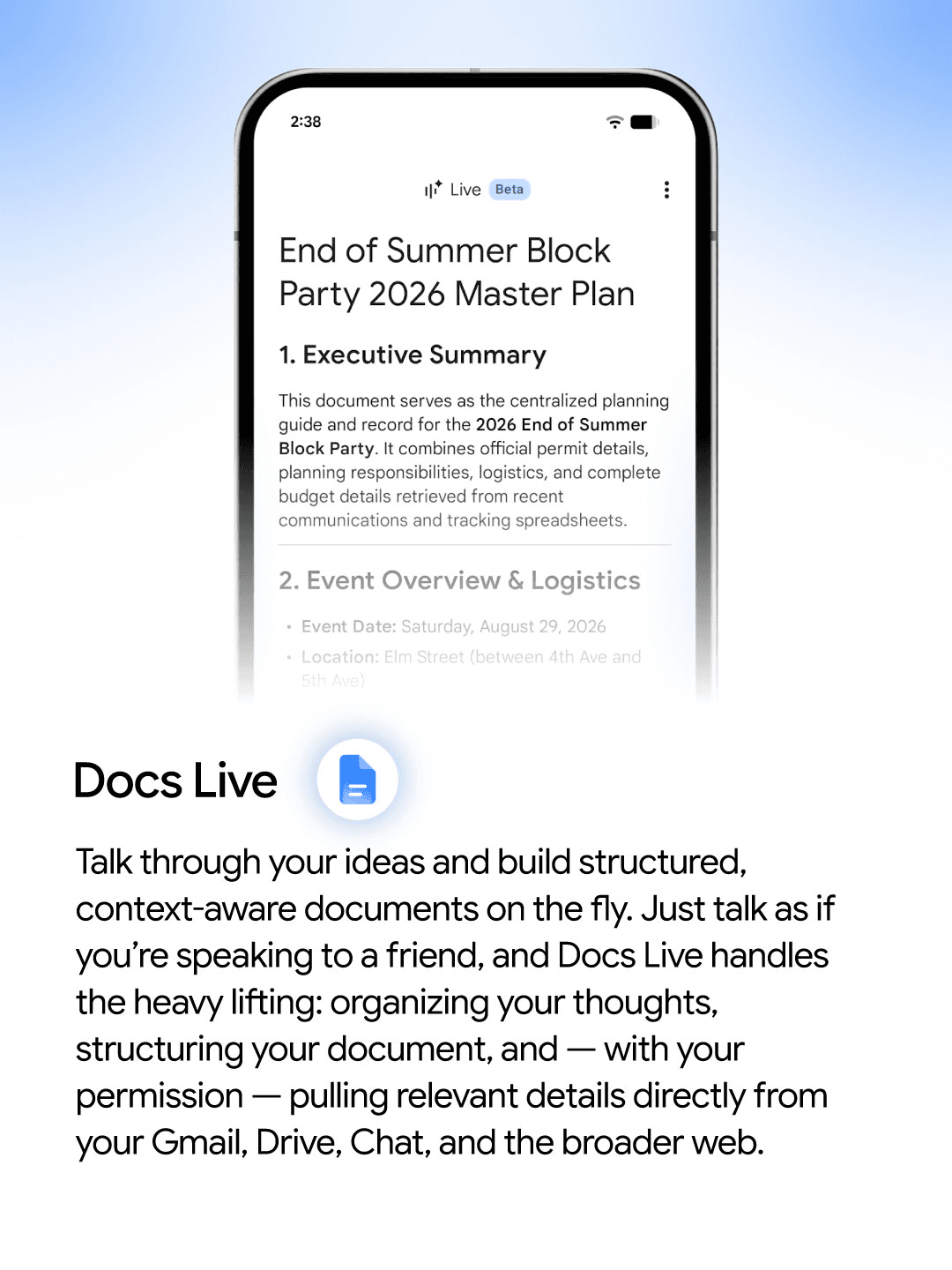 Docs Live showing a structured event-planning document created with voice