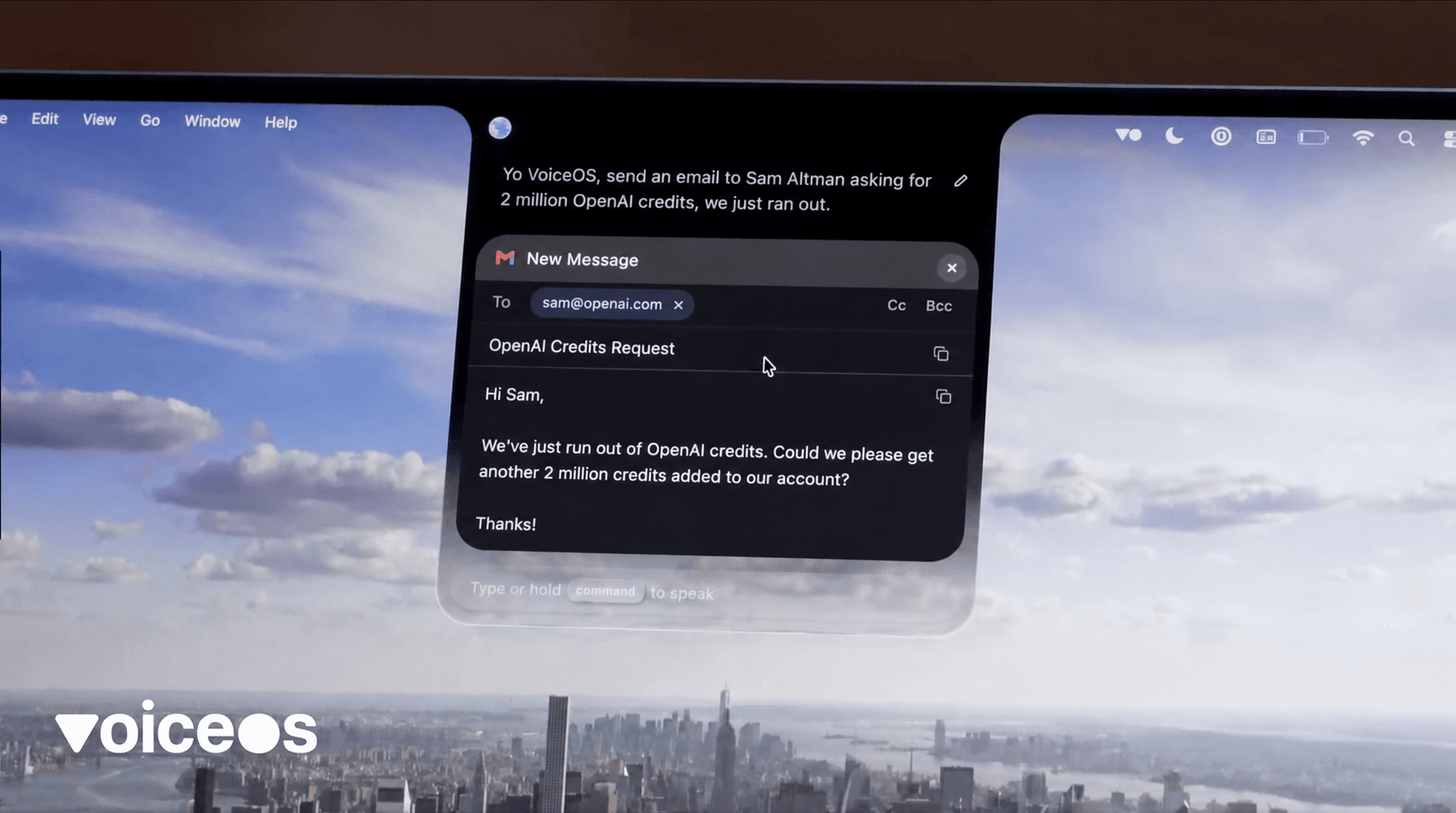 VoiceOS preparing an email from a voice request, with the VoiceOS logo in the bottom-left corner