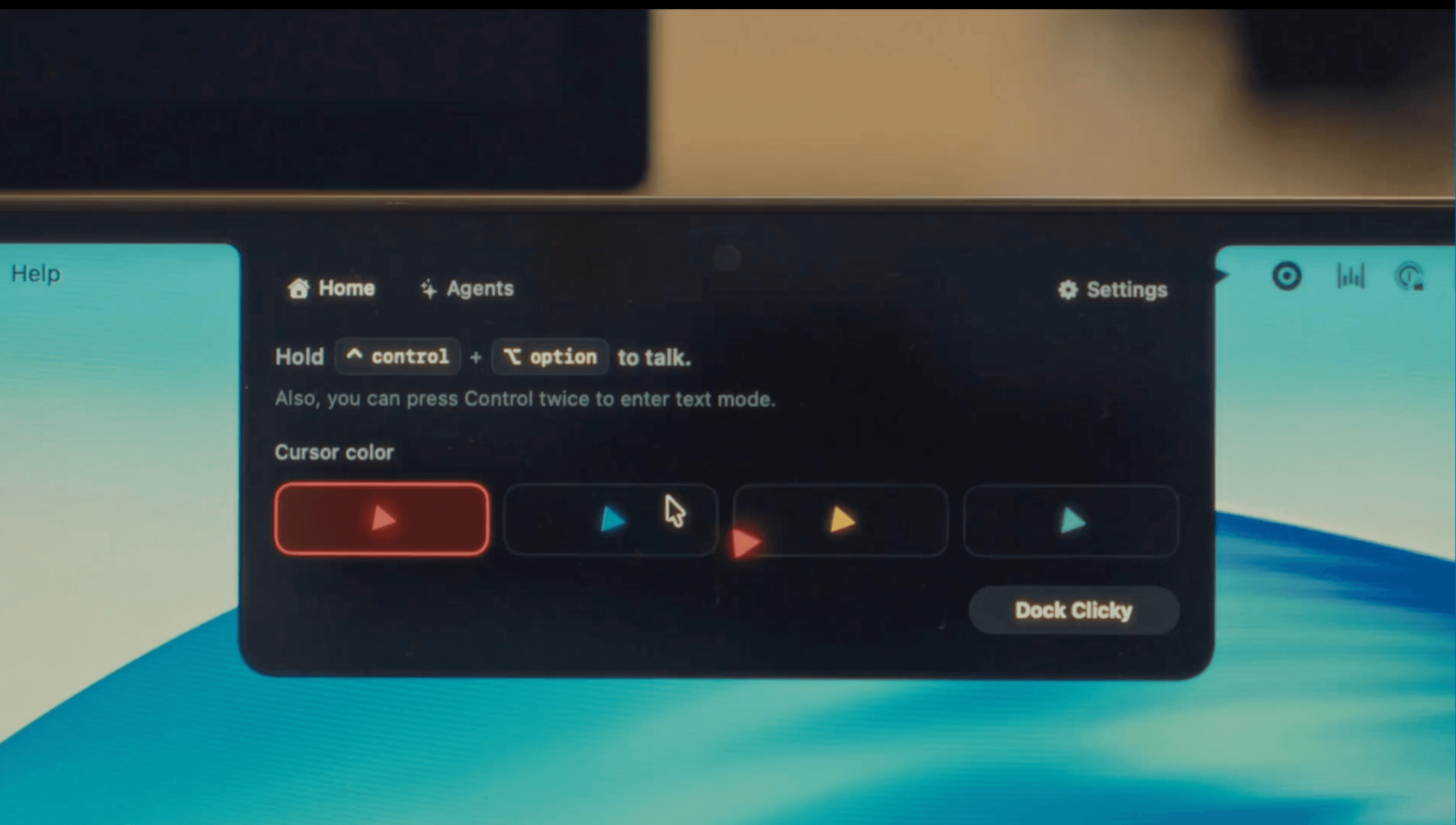 HeyClicky Home screen showing the voice shortcut, cursor-color choices, and Agents tab