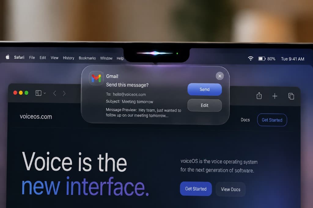 VoiceOS on macOS showing a Gmail send confirmation card below the menu bar VoiceOS on macOS showing a Gmail send confirmation card below the menu bar