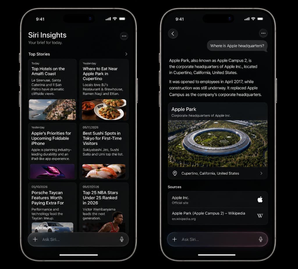 iOS 27 Siri leak showing the Siri Insights app, chatbot conversation view, rich Apple Park answer card, and cited sources iOS 27 Siri leak showing the Siri Insights app, chatbot conversation view, rich Apple Park answer card, and cited sources