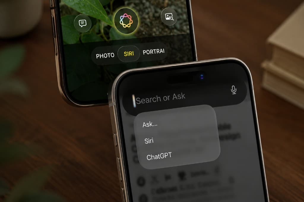 iOS 27 Siri leak showing the new Search or Ask interface, ChatGPT routing menu, and Siri integration in the Camera app iOS 27 Siri leak showing the new Search or Ask interface, ChatGPT routing menu, and Siri integration in the Camera app