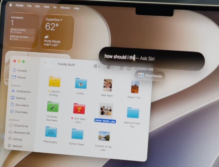 Siri AI on macOS shown as a small floating pill labeled Ask Siri that can be dragged anywhere on screen, here sitting over a Finder window Siri AI on macOS shown as a small floating pill labeled Ask Siri that can be dragged anywhere on screen, here sitting over a Finder window