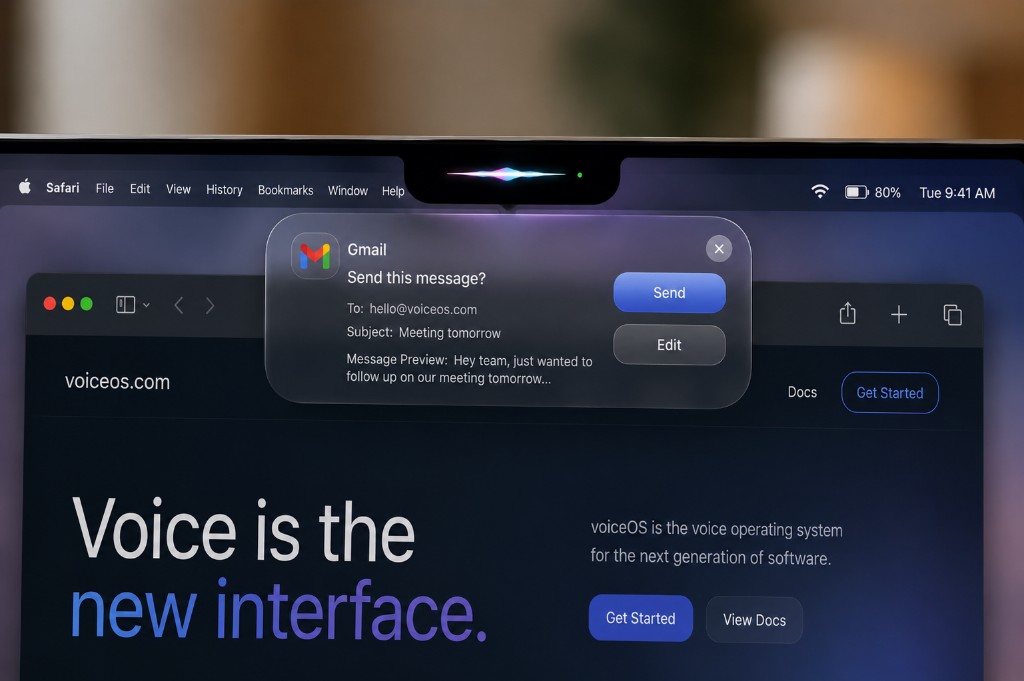 VoiceOS Agent Mode showing a message confirmation card beneath the Mac notch