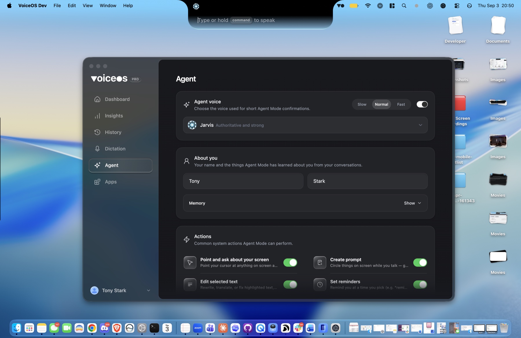 VoiceOS Agent settings with the Jarvis voice selected and VoiceOS ready in the Mac notch