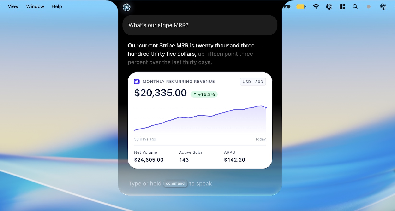 VoiceOS answering a question about Stripe monthly recurring revenue with a visual chart in the Mac notch